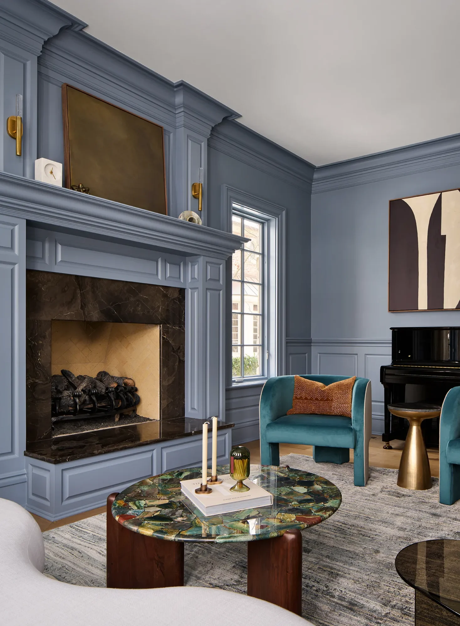 Modern classic living room with soft lighting and airy design.