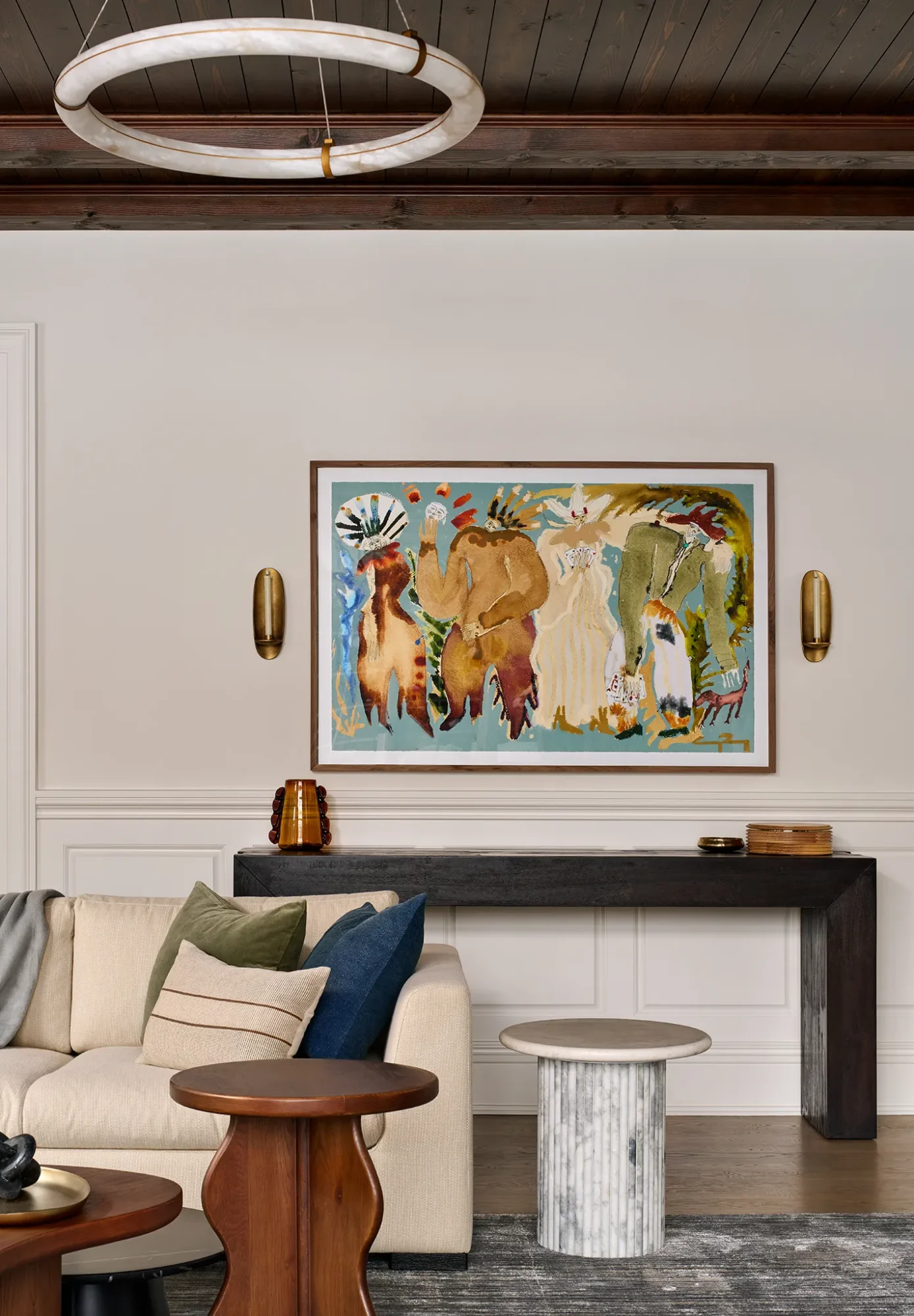 Stylish living room in transitional style with modern and classic elements.